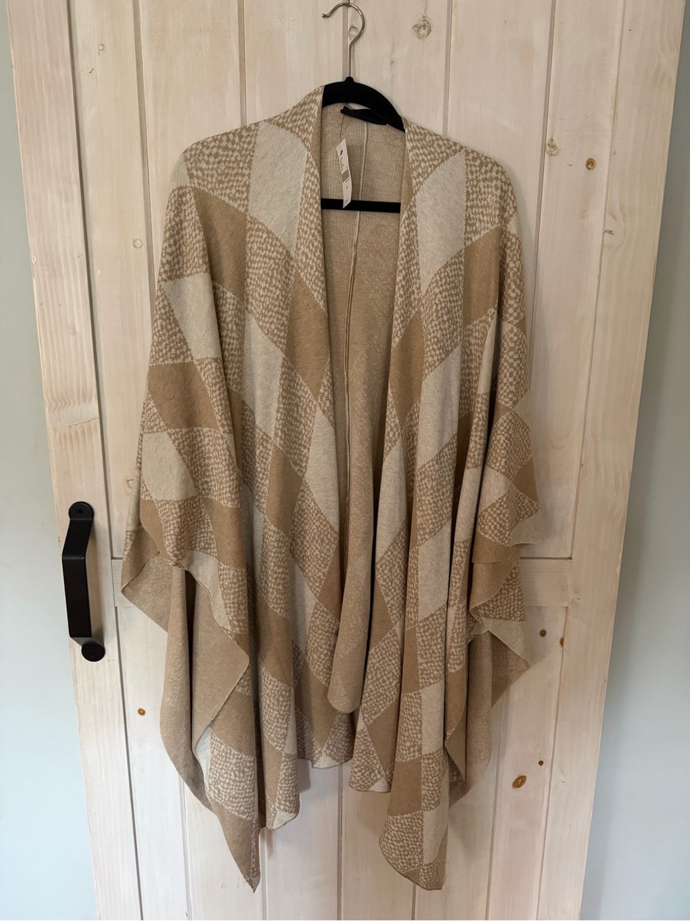 Lane Bryant Beige and Cream Checkered Open-Front Poncho Sweater